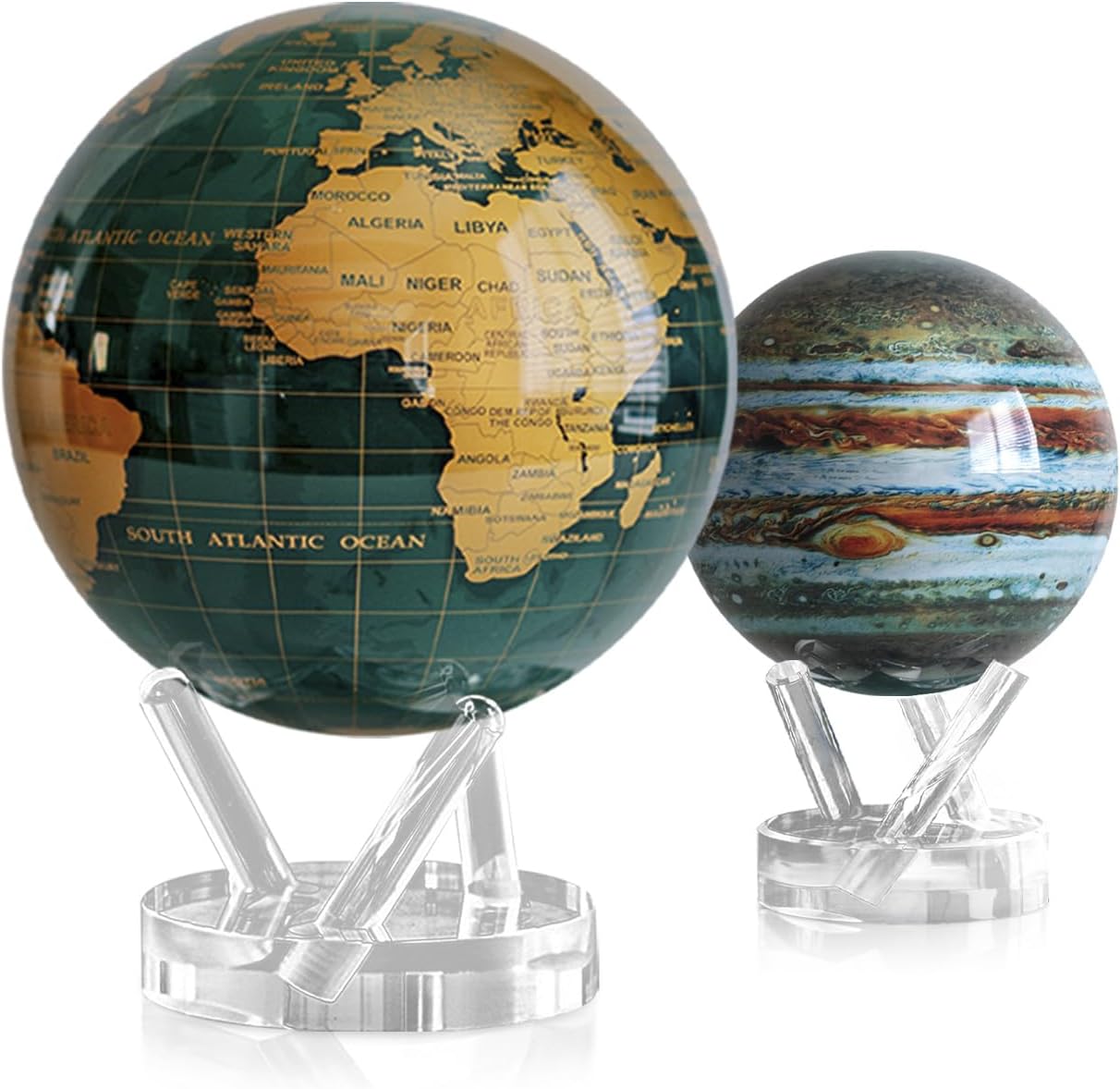 MOVA Green and Gold + Jupiter Globe Bundle – 8.5" & 4.5" Solar-Powered Rotating Globes | Modern Earth Aesthetic Meets Planetary Wonder | Premium Gift or Desk Decor