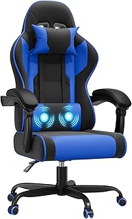 JUMMICO Gaming Stuhl mit Massagefunktion, Bürostuhl Ergonomisch 150kg, Gamer Stuhl mit 50 cm Extrabreites Sitzkissen, Blau