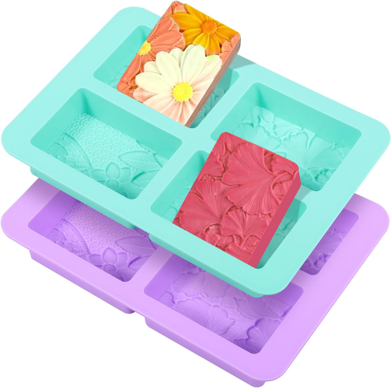 2Pcs Homemade Soap Mould Silicone Rectangular Soap Mould 4 Cavities Flower Pattern DIY Soaps Making Supplies Homemade Craft Lotion Soaps Bar Moulds for Cake Mold, Ice Cube(Green+Purple)