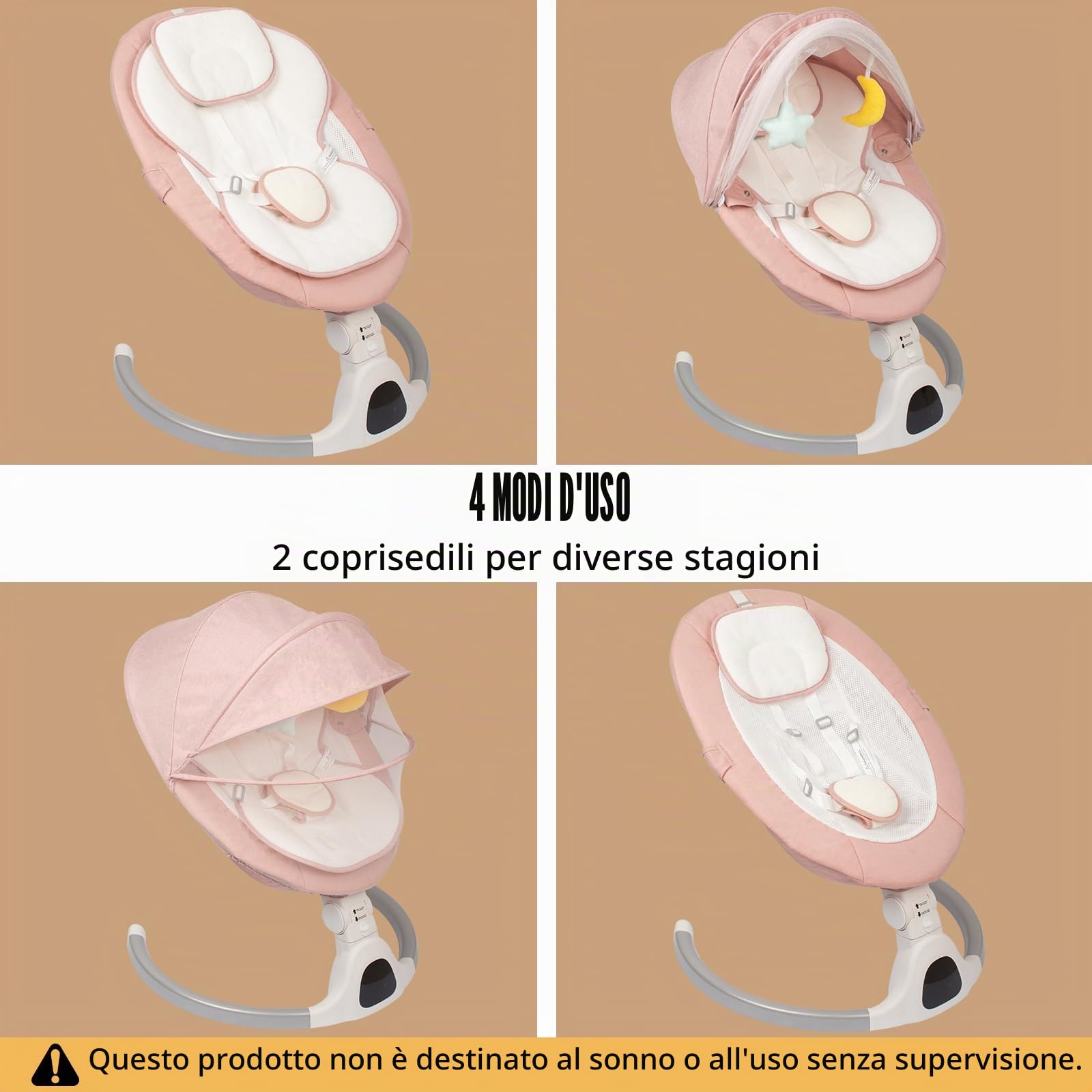 JFOVMCYG Altalena Elettrica per Neonati con Telecomando, 5 Velocità di Oscillazione, 10 Ninne Nanne, Timer 8/15/30 Min, Cintura di Sicurezza a 5 Punti, Seduta Morbida Lavabile, Uso Interno – Rosa