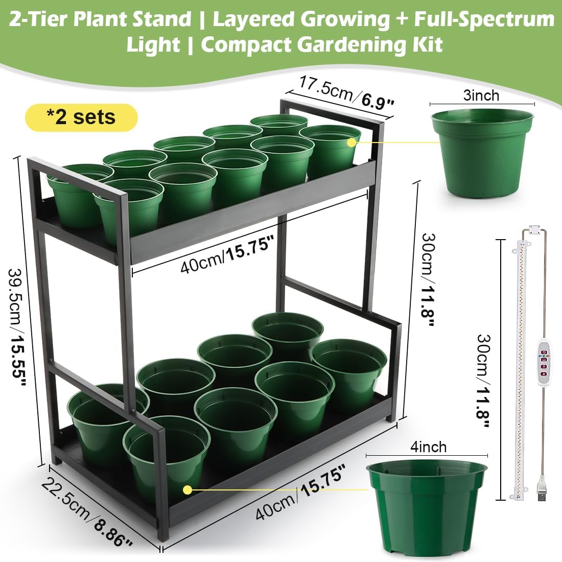 2-Pack Dual Tier Plant Stand with Grow Light and Green Plastic Nursery Pots for Plants, Indoor Gardening Kit for Herbs, Succulents, Seedlings & Small Plants Gardening Gifts
