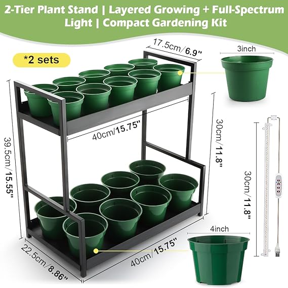 RooTrimmer 2-Pack Dual Tier Plant Stand with Grow Light and Green Plastic Nursery Pots for Plants, Indoor Gardening Kit for Herbs, Succulents, Seedlings & Small Plants Gardening Gifts