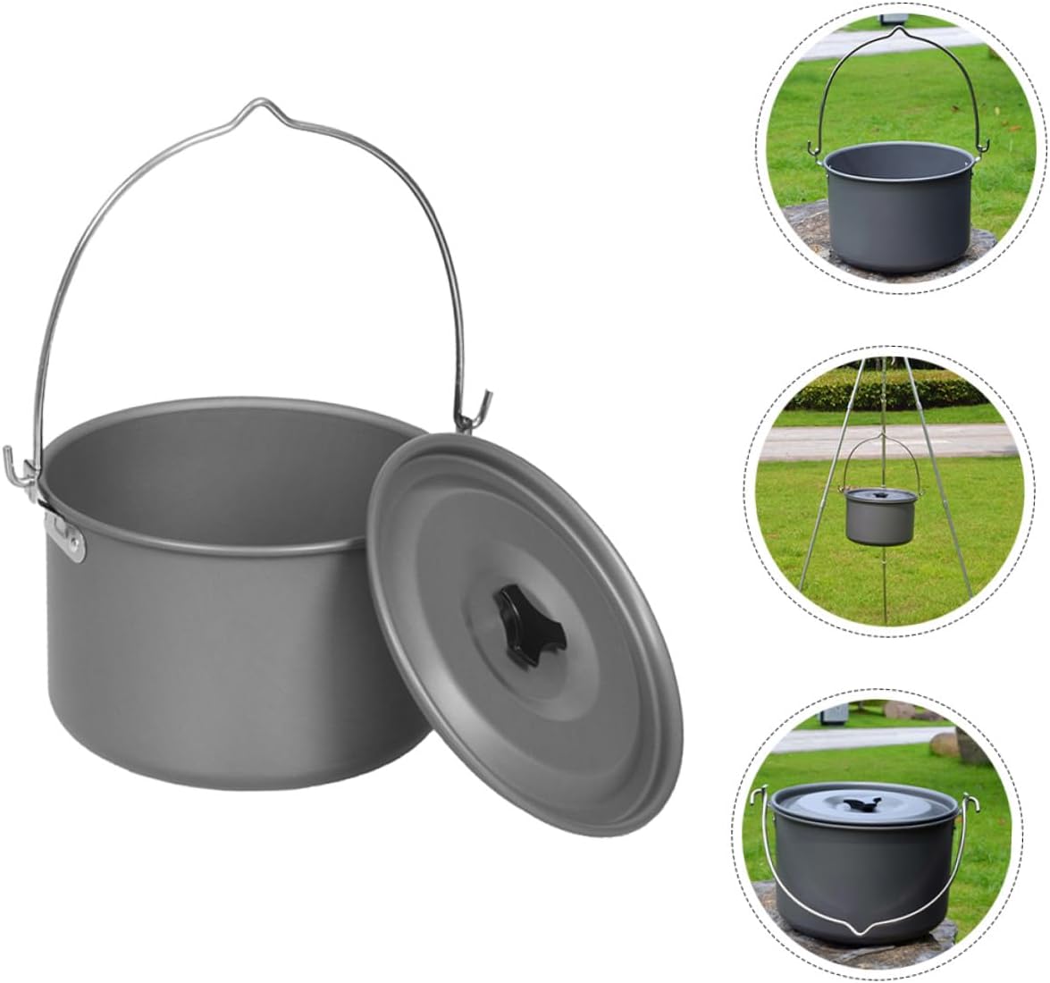 Portable Aluminum Hanging Camping Pot with Lid for People Even Heat Distribution Outdoor Cooking Cookware for Hiking Picnics Bbqs Lightweight and Spacious Design