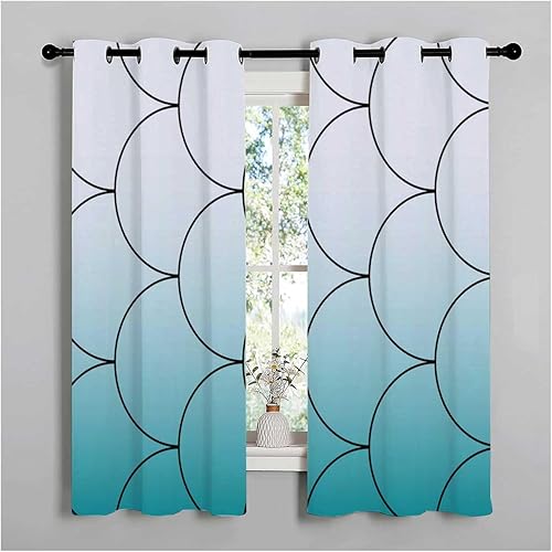 Cortinas para Cocina White Cyan Gradient Abstract Geometric Lines Privacy Curtains Boho Drapes 85Inch Width by 85Inch Length,2 Panels