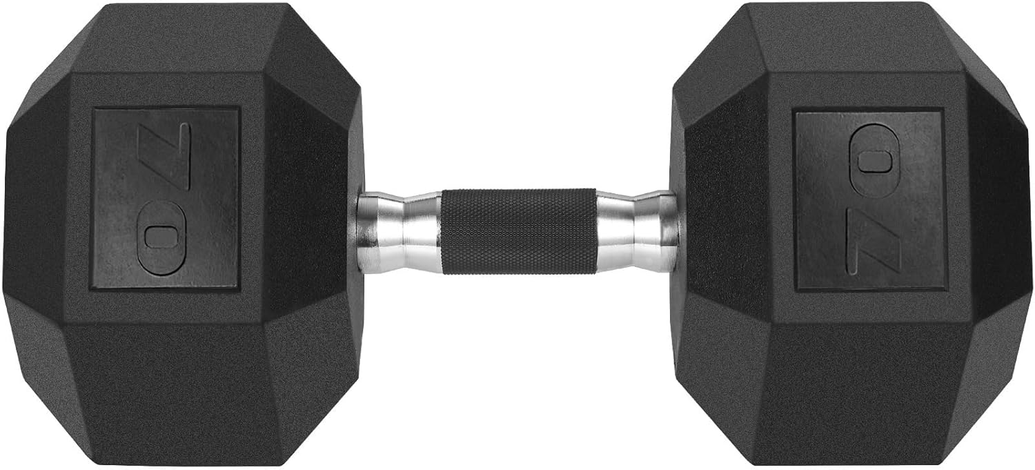 LIFERUN Rubber Grip Dumbbells Rubber Coated Cast Iron, with Anti-Slip Hex Black Dumbbell, Free Weights Dumbbell Set, 60lb/ 65lb/ 70lb/ 75lb dumbbell Single