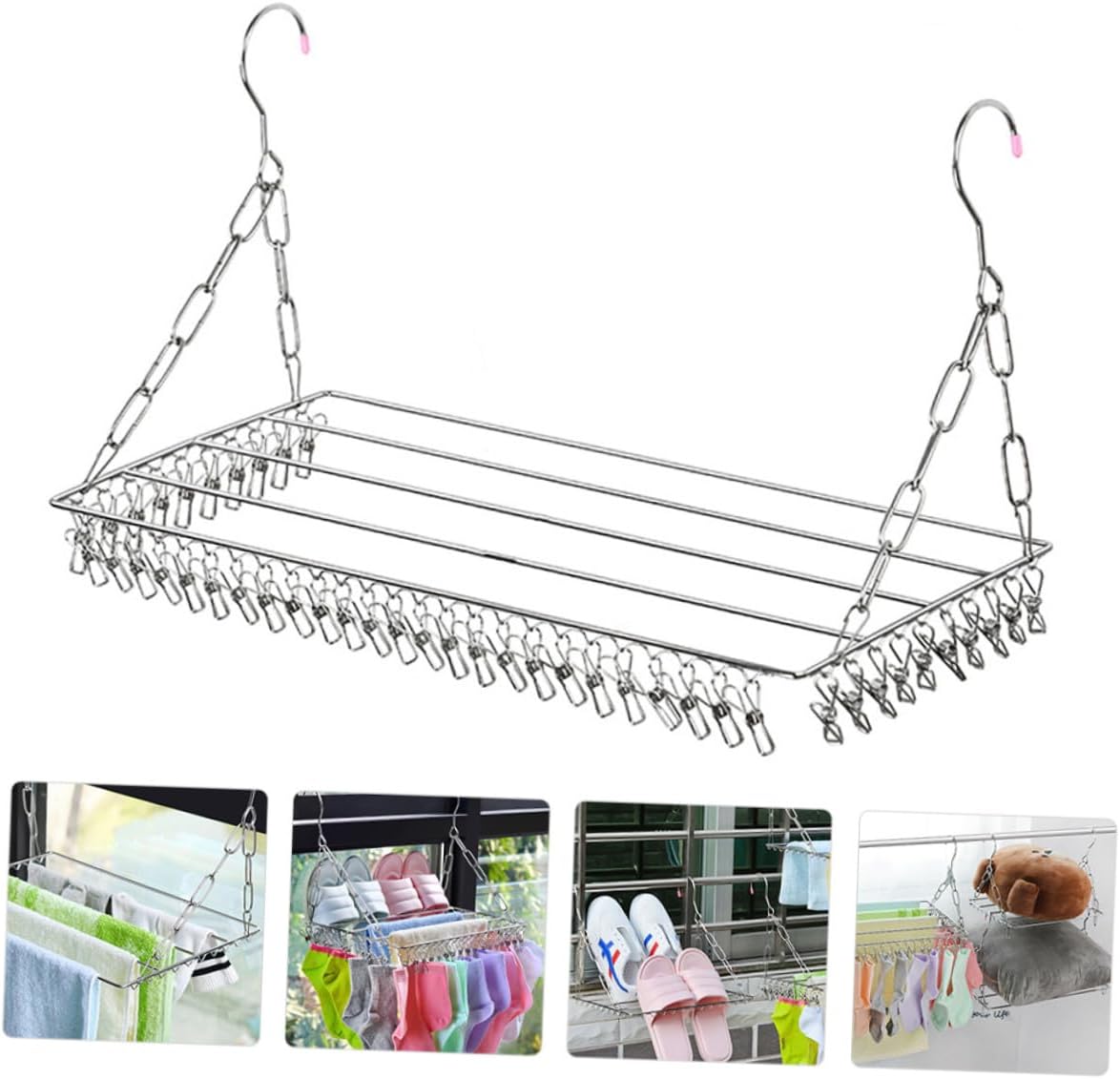 STOBAZA Stainless Steel Multifunctional Drying Rack with Clips, 45-Hook Balcony Pants and Socks Hanger for Indoor Outdoor Laundry Organization