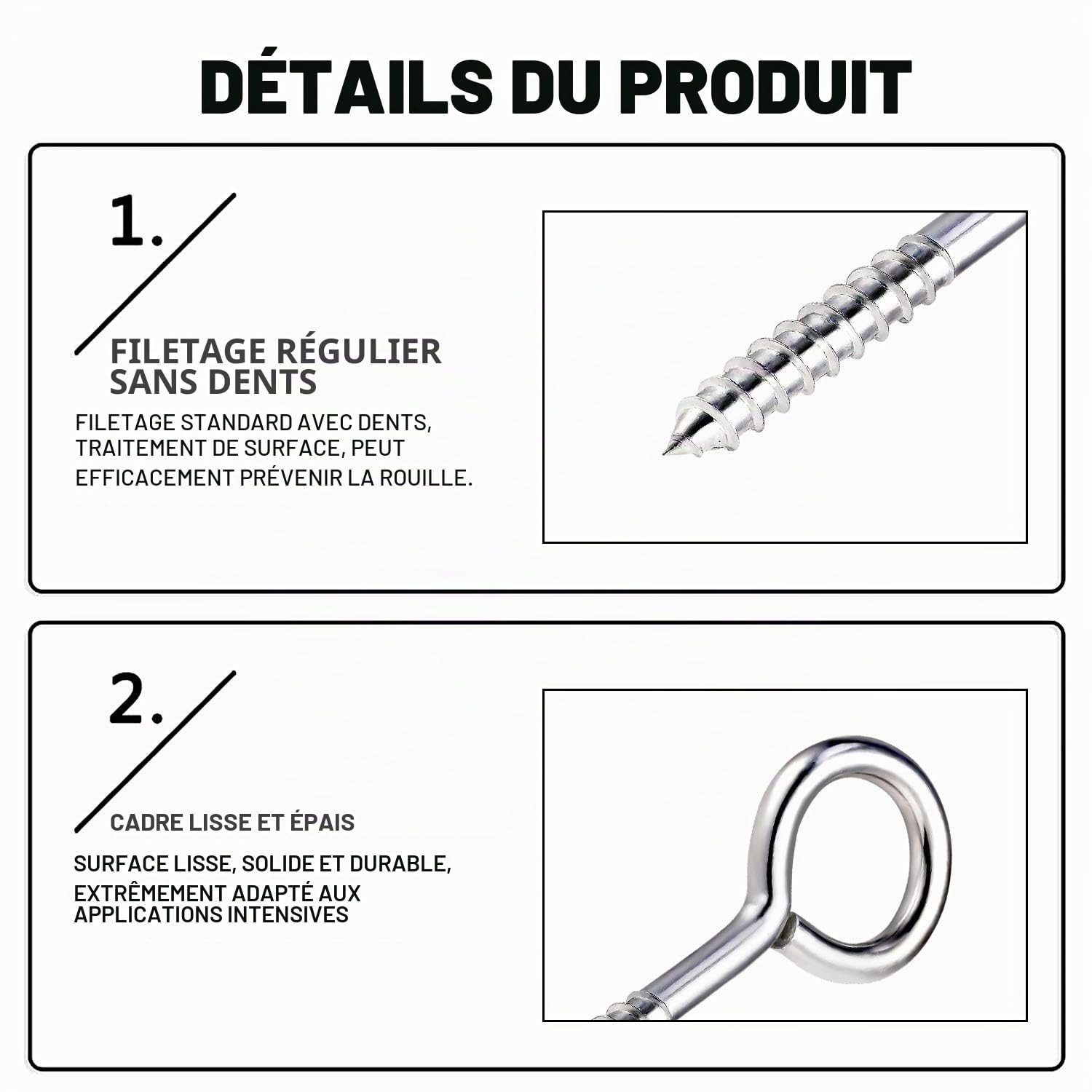 Lot de 4 boulons à œillet à visser de 12,7 cm – Vis à œillet en acier inoxydable pour bois, grands crochets antirouille pour attaches, levage et fixation des câbles – Facile à installer
