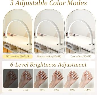 Nail Light for Desk, Half Moon Light for Nail Desk, 3 Color Modes and Brightness, for Beauty Eyelash Crafts Reading Spa Salon Nail Tech, White [Energy Class A]