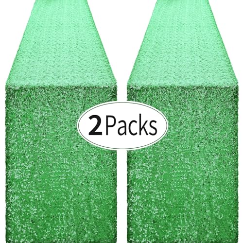 2 Packs 12 x 72 inches Grass Green Sequin Table Runner, Glitter Runner for Birthday Party Supplies Decorations Wedding Bachelorette Holiday Celebration Bridal Shower Baby Shower by Pufogu - Used condition - US$13.29