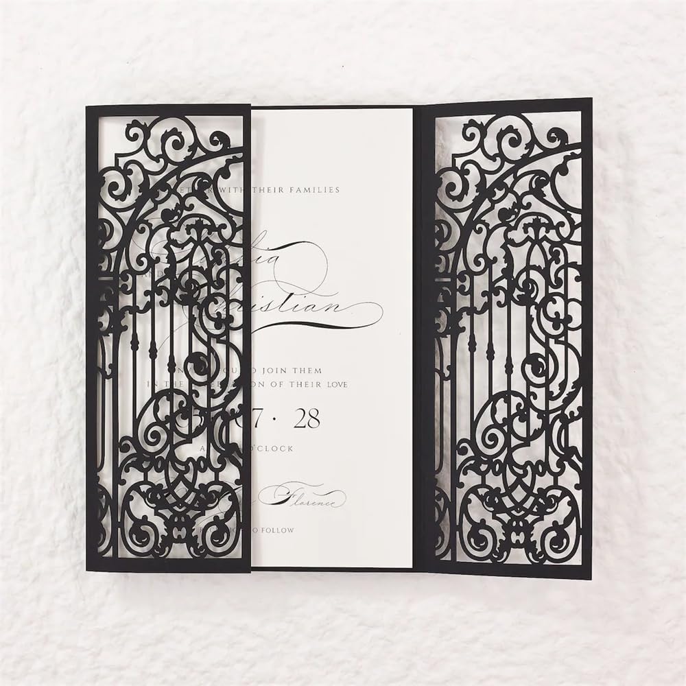 MillaSaw 25 Sets Black Gate Fold Wedding Invitations, Laser Cut Invitation Jacket With Blank Insert & Envelope for Wedding, Bridal Shower, Engagement Party (black)