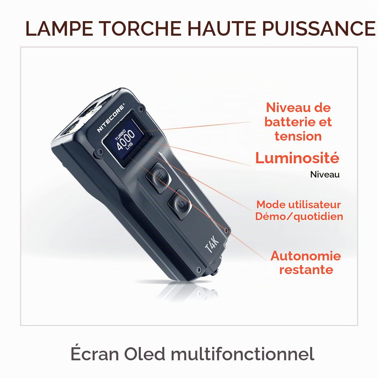 Nitecore T4K 4000 Lumen Turbo Lampe de Poche Rechargeable par USB C avec Ecran OLED, Edition Manventure