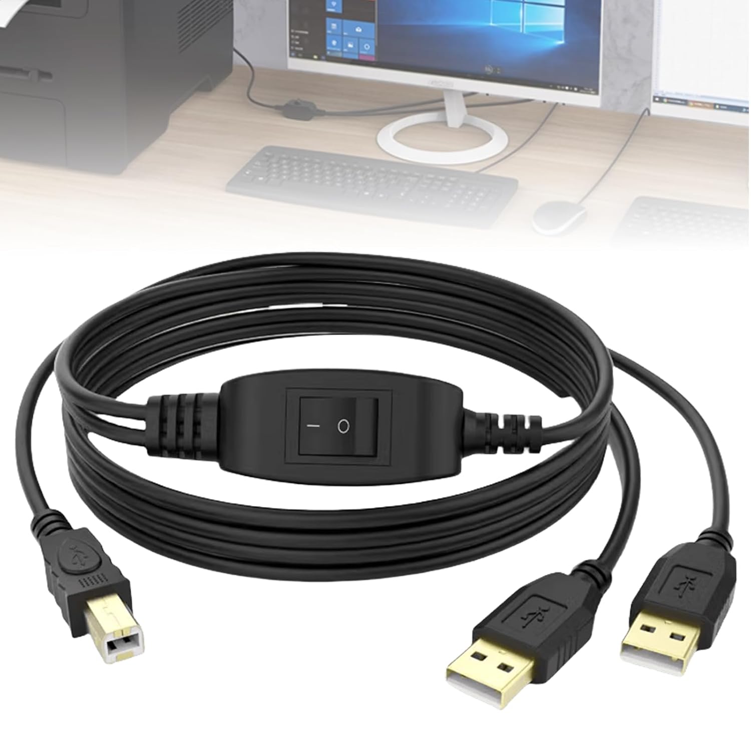Кабель для принтера Aicharynic USB B, 2 кабелі USB A - USB-B з кнопкою перемикання, 2 в 1, розгалужувач для двох комп'ютерів, прин