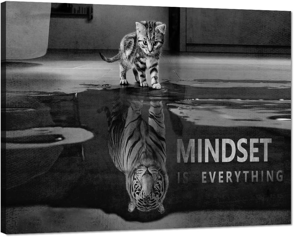 Mindset is Everything Cat and Tiger Canvas Wall Art Pictures Print Wall Art Inspirational Picture Poster Wall Painting Modern Motivational Artwork Decor Home Living Room Office - 40''Wx30''H