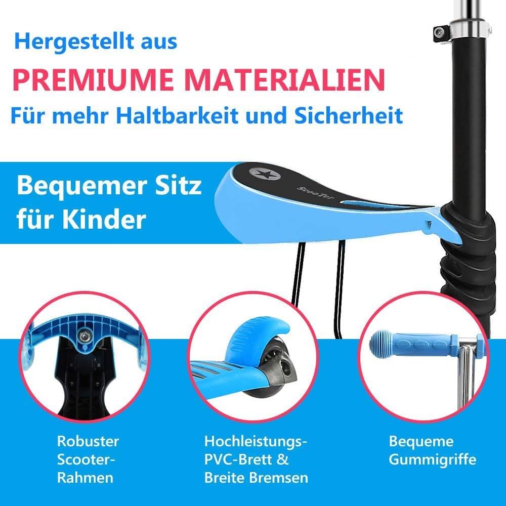 YOLEO 5-in-1 Kinder Roller Scooter mit Abnehmbarer Karikaturkorb Sitz Schubstange Große Räder Bequeme Rückenlehne Höheverstellbare Lenker für Kleinkinder Jungen Mädchen ab 2 Jahre (Blau)