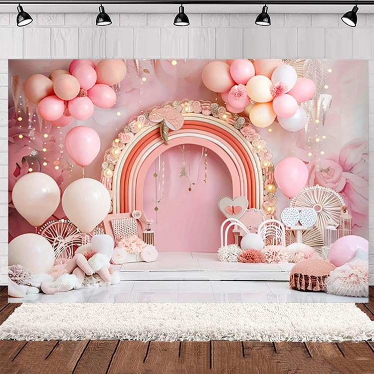 Dreamy Pink One Year Old Birthday Backdrop Sweet Baby Girl 1st Bday Background Floral Balloon - View #2