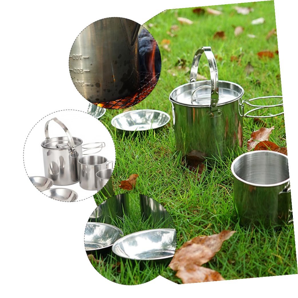 SUPVOX Ustensiles Cuisine Multifonctionnels pour Camping, Bouilloire Portable en Acier Inoxydable, Bol Pliable, Tasse Et Couverts 5 Pièces, Léger, Solide, Adapté Randonnée Et Plein Air