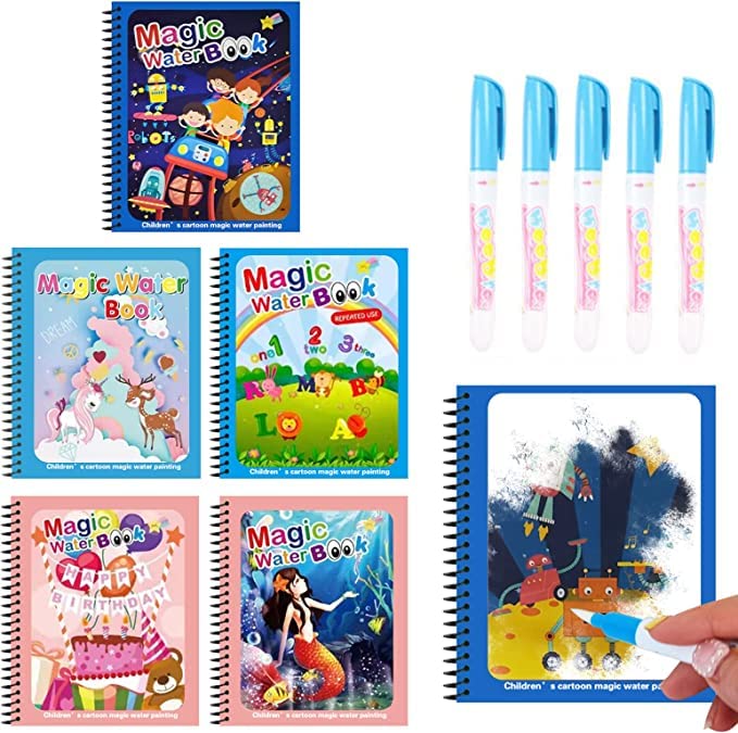 G MALL 5 Pack Reusable Magic Water Coloring Books for Toddlers,Paint with Water Books,Mess-Free Coloring Book,Portable Educational Doodle Drawing Toy,Improving Children's Imagination,Color Perception