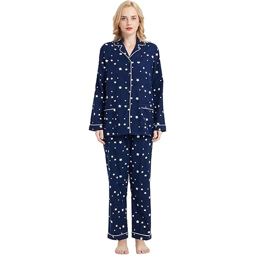 GLOBAL Comfy Pajamas for Women 2-Piece Warm and Cozy Flannel Pj Set of Loungewear Button Front Top Pants