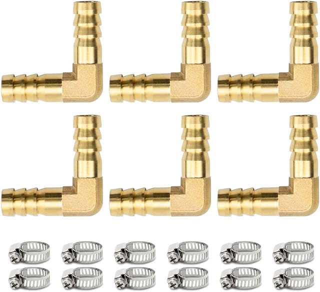 Bwintech 6 Pcs Hose Barb Fittings, 10mm 2 Way L Shape Elbow Brass Barb Connector with 12 Clamps