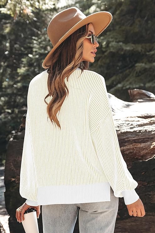 Image of Zeagoo Women 2026 Fall Lightweight Oversized Sweater Crew Neck Long Sleeve Color Block Pullover Rib Knit Blouse Tops XS-2XL