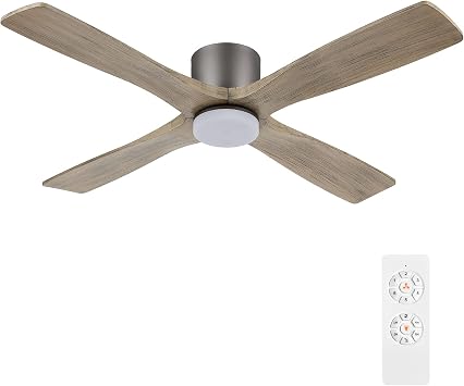 WINGBO 54 Inch Flush Mount DC Ceiling Fan with Lights and Remote, 4 Reversible Carved Wood Blades, 6-Speed Noiseless DC Motor, Hugger Ceiling Fan in Graphite Finish with Gray Blades