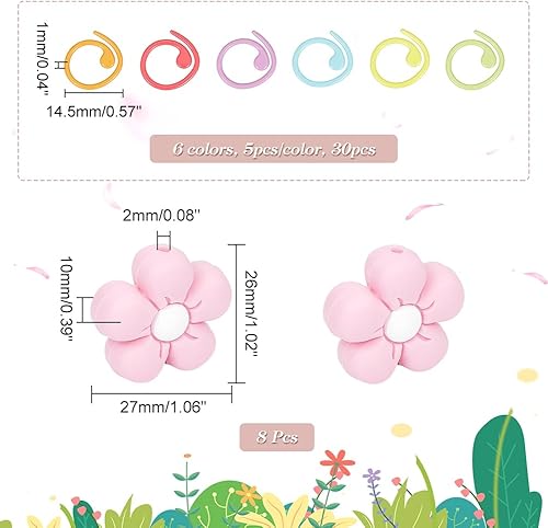 Miniatura 2 de NBEADS 8 tapones de aguja de tejer, 30 anillos marcadores de punto de tejer, protectores de punto de aguja de flores, tapones de puntada,