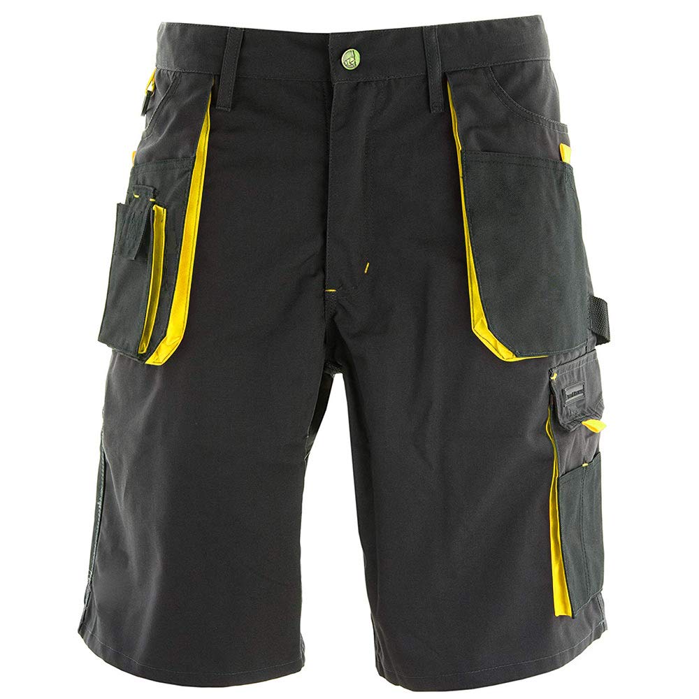 REIS, Pantalon de Travail Court pour Hommes, 270g/m², 65% Polyester 35% Coton, Noir-Jaune, Taille: XL