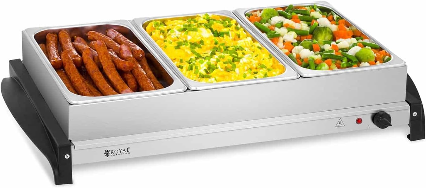 Royal Catering RCHP-400/3 Food Warmer Buffet Server Warming Tray Electric (3 x 2 L, 400 W, 45–85 °C, 52.5 x 35.5 cm, Stainless Steel, Acrylic Glass Cover)