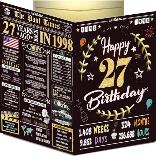 27th Birthday Card for Women Men - Back In 1998 Black & Gold - 27 Happy BIRTHDAY card - 27th birthday gift for Her Him - JUMBO size - 27th birthday decorations Dad Mom - Best gifts for 27 year old 27th Birthday Card for Women Men - Back In 1998 Black & Gold - 27 Happy BIRTHDAY card - 27th birthday gift for Her Him - JUMBO size - 27th birthday decorations Dad Mom - Best gifts for 27 year old