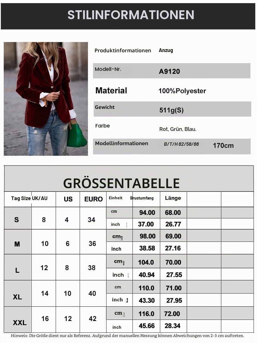 Blazer Für Damen Damen Blazerjacke Aus Samt Mit 1 Knopf Vintage Langärmelig Revers Anzugmantel Solide Elegante Oberbekleidung Für Business Arbeit Und Büro Mit Taschen