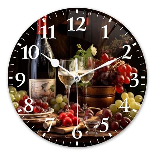 DTOIVSAT Battery Operated Round Wall Clock Non-Ticking Silent Analog Clcok Decorative for Living Room,Office,Kitchen-Bottle of Wine, Glasses and Grapes On Rustic Table(16inch)