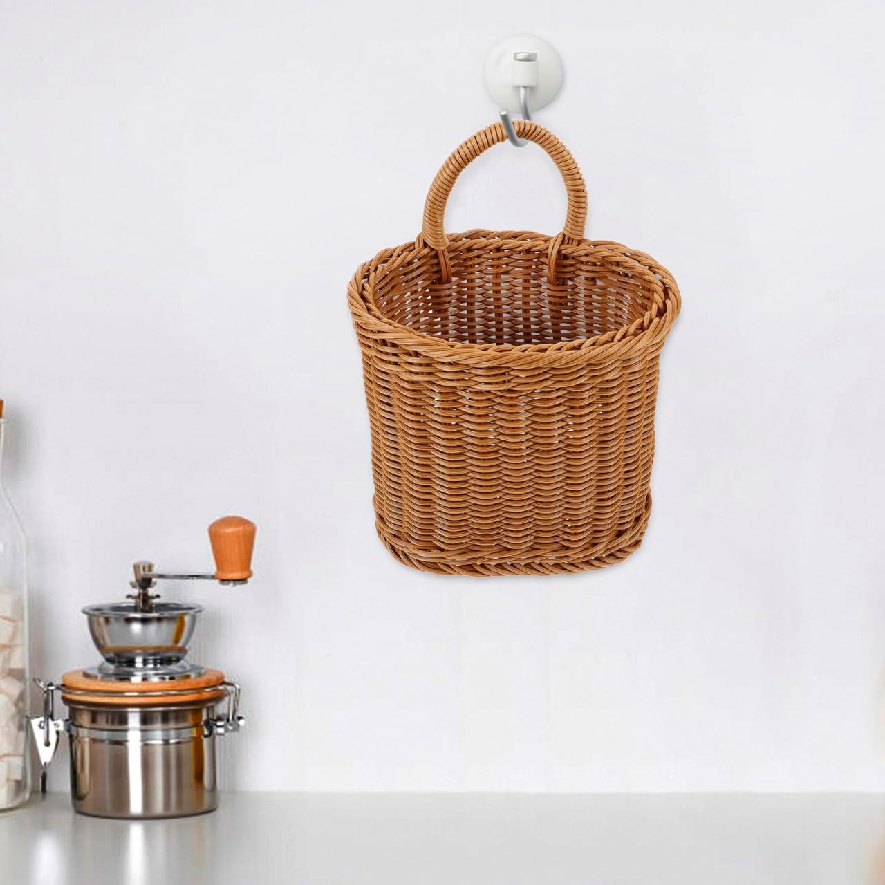 Balacoo Wall Hanging Basket, Woven Imitation Rattan Storage Basket, Hanging Flower Basket for Kitchen Wall Decor, 10.03 X 6.29 X 6.29 Inch, Brown