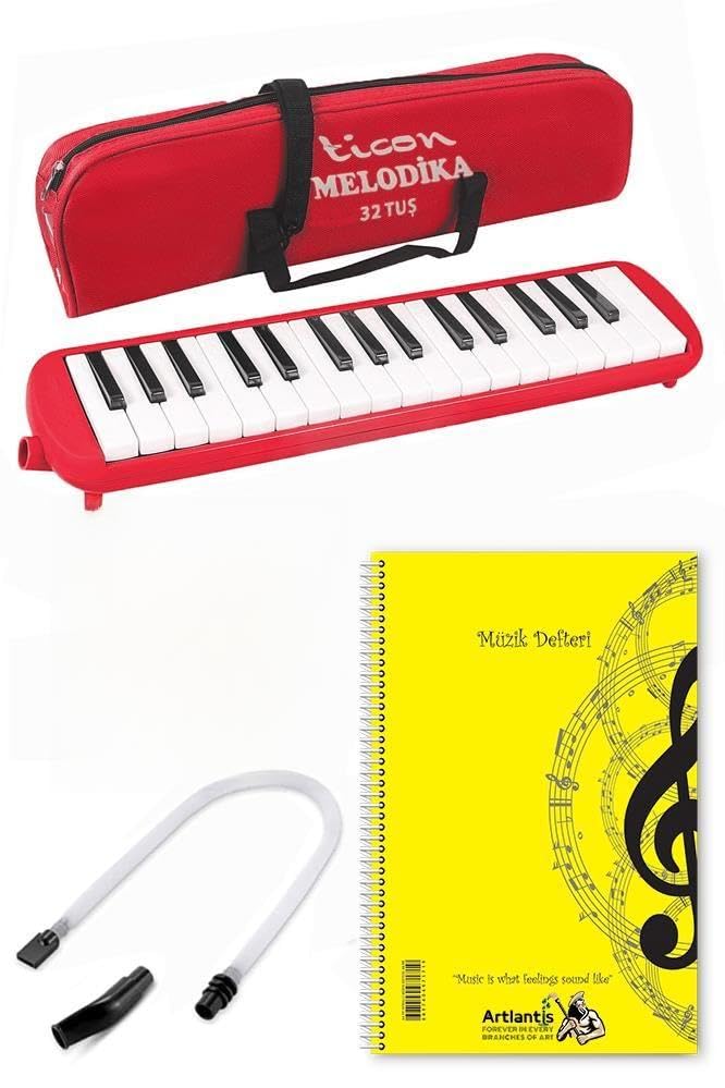 Kapak, Melodika 32 Tuşlu Kırmızı Bez Çantalı 1 Adet Müzik Defteri A4 Plastik 40 Yaprak Spralli 1 Adet Hortumlu Melodika Askılı Taşıma Kulplu Okul Öğrenci