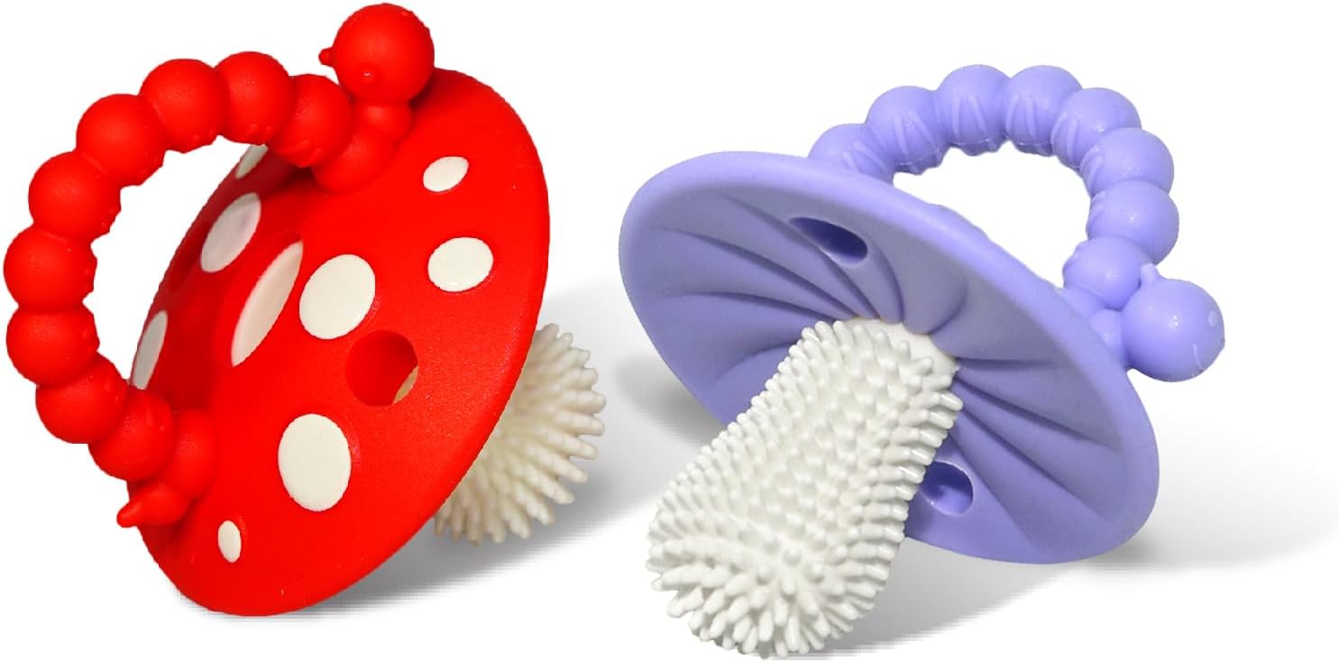 RaZbaby Soft Silicone Infant & Baby 3M+ Teether Toy Massaging Bristles Teething Relief Pacifier - Soothes Sore Gums - Hands-Free & Easy-to-Hold Chompy Teether, BPA Free (RED/Lavender)