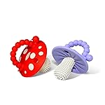 RaZbaby Soft Silicone Infant & Baby 3M+ Teether Toy Massaging Bristles Teething Relief Pacifier - Soothes Sore Gums - Hands-Free & Easy-to-Hold Chompy Teether, BPA Free (RED/Lavender)