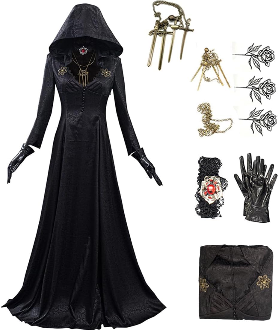 Halloween Karneval Mittelalter Kapuzenkleid Cosplay Kostüm Damen Schwarz