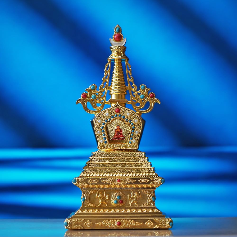 zenmood Stupa tibetana de aleación de aluminio dorado, 24 cm, decoración de santuario budista con incrustaciones de piedras preciosas intrincadas