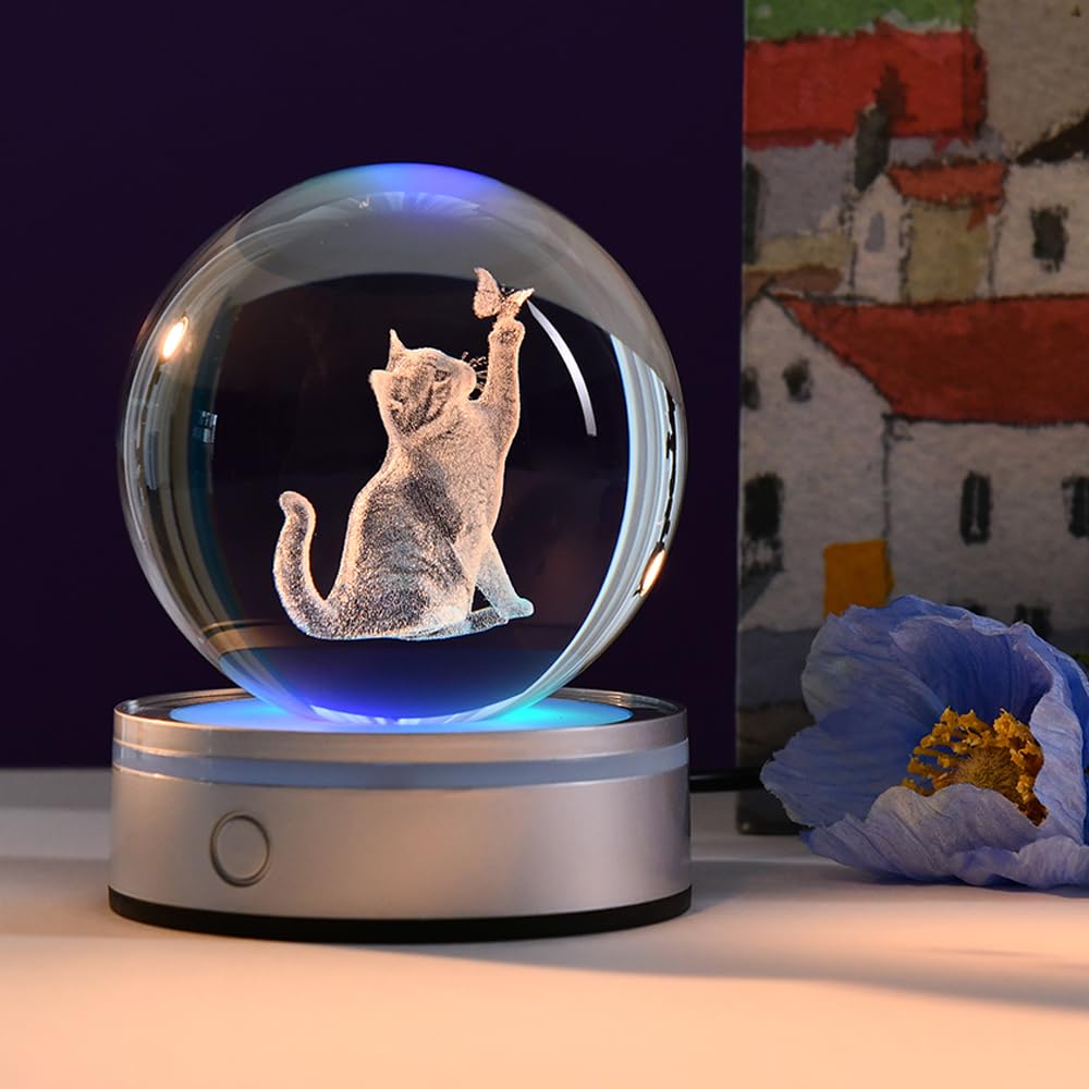 ZRENJHUS 3D Cat Crystal Ball Gifts for Women 80mm Cat Lover Gift for Her Glass Sphere Kitten Night — view 6