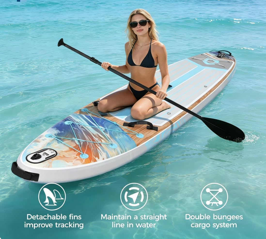 Tabla de Paddle Surf Hinchable 11’, Gran Capacidad 450LB, Estable para Principiantes, con Remo Ajustable, Soporte para cámara, Antideslizante, Accesorios completos – Ideal para Lago, río o Playa