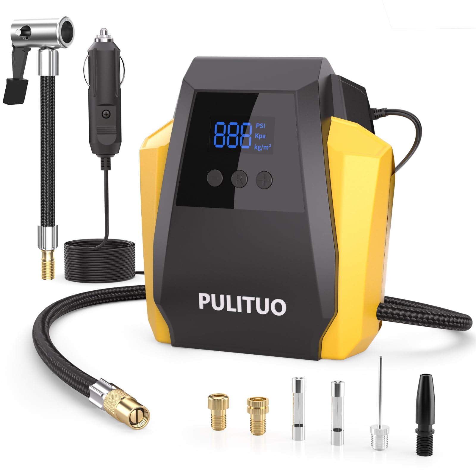 PULITUO Portable Air Compressor for Car Tires, 12V DC Tire Inflator with Digital Pressure Gauge, Auto Pump with Emergency LED Light, Fast Inflation for Bike, Motorcycle, Ball, and Other Inflatables