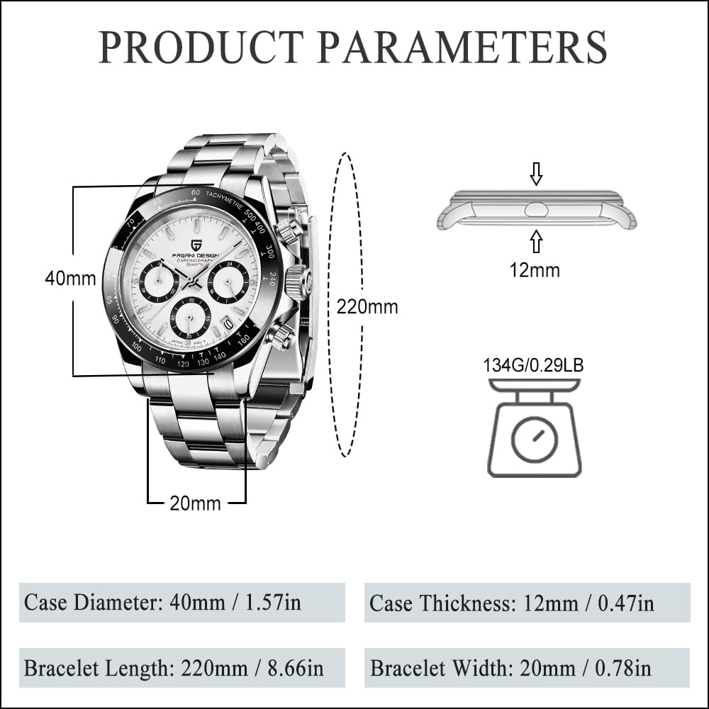 Pagani Design Herrenuhr VK63 Uhrwerk Daytona Chronograph Herren Hommage Quarz Uhr Keramik Lünette Edelstahl Sport Gummiband wasserdichte Taucheruhren Herren