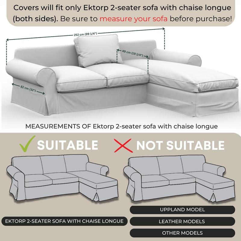 comfortly Cover for Ektorp 2 Seat Sofa with Chaise Longue Right/Left, Replacement Slipcover, Heavy Duty 7 pcs Cover, Soft Durable Washable Fabric, Easy to Clean & Replace (Crown - Ocean Blue)