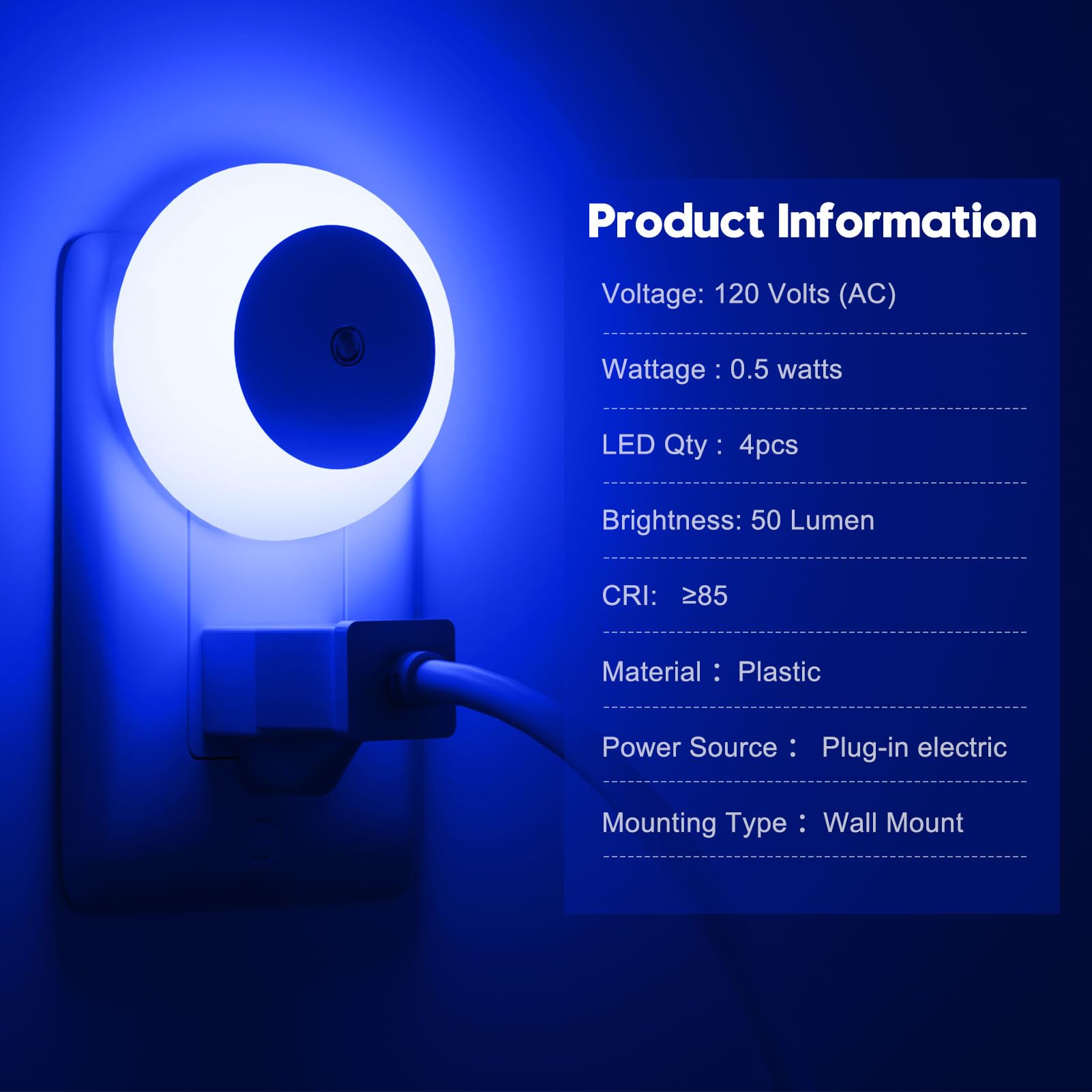fesnne Luz de noche, enchufe de pared, sensor de crepúsculo, luz nocturna LED azul, 0,5 W, 2 luces nocturnas para adultos, dormitorio, baño, pasillo, cocina