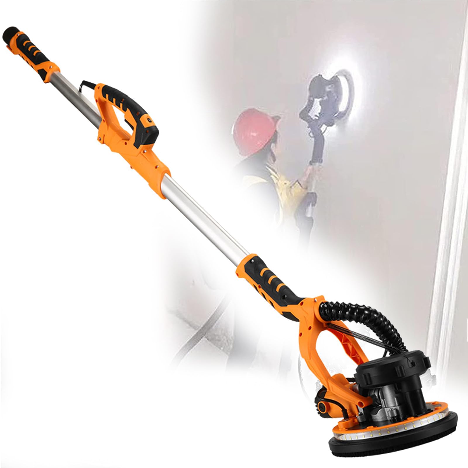 Ponceuse électrique pour cloison sèche 1390 W – Parfaite pour cloison sèche, plafond, mur, sol – Comprend 6 disques de ponçage – Tuyau extensible – Tête de meulage inclinable à 90°
