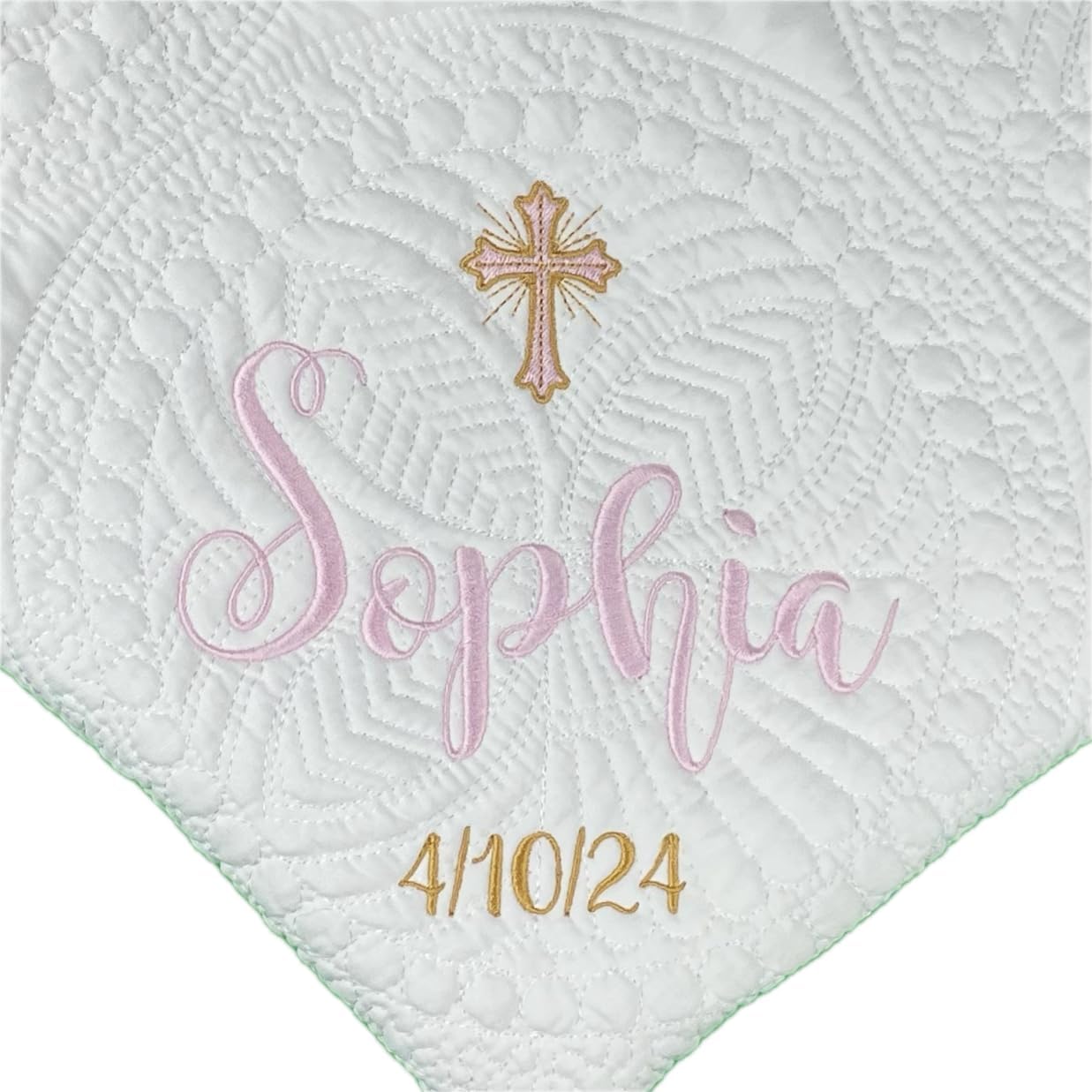 Personalized Baby Heirloom Quilt Blankets - Custom Embroidered with Child's Name, a Beautiful Cross, & Date. 6 Border Options. Baptism, Birthday, Easter, Newborn