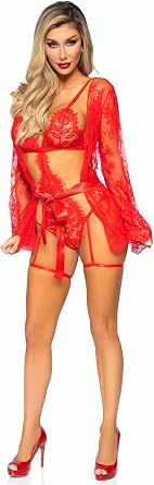 Leg Avenue Women's 3 Pc Eyelash Lace Garter G-string Teddy With Lace Robe, Ribbon Tie