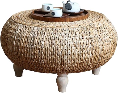 Mesa de centro de ratán, redonda de madera maciza para decoración del hogar, mesa baja, mesa de computadora, adecuada para sala de estar, balcón,