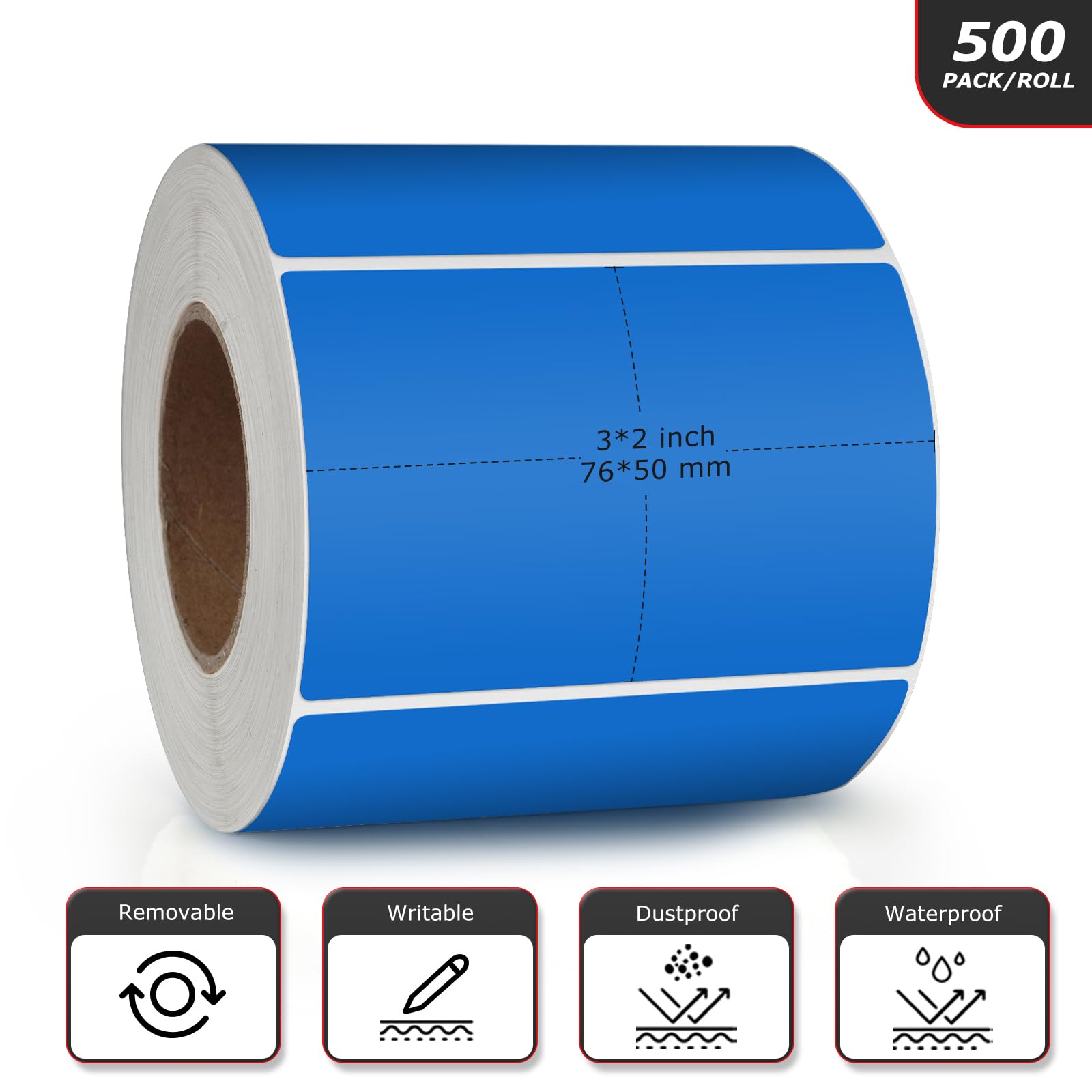 Pegatinas Rectangulares Verdes 76x50 Mm - Rollo 500 Unidades, Autoadhesivas, Impermeables