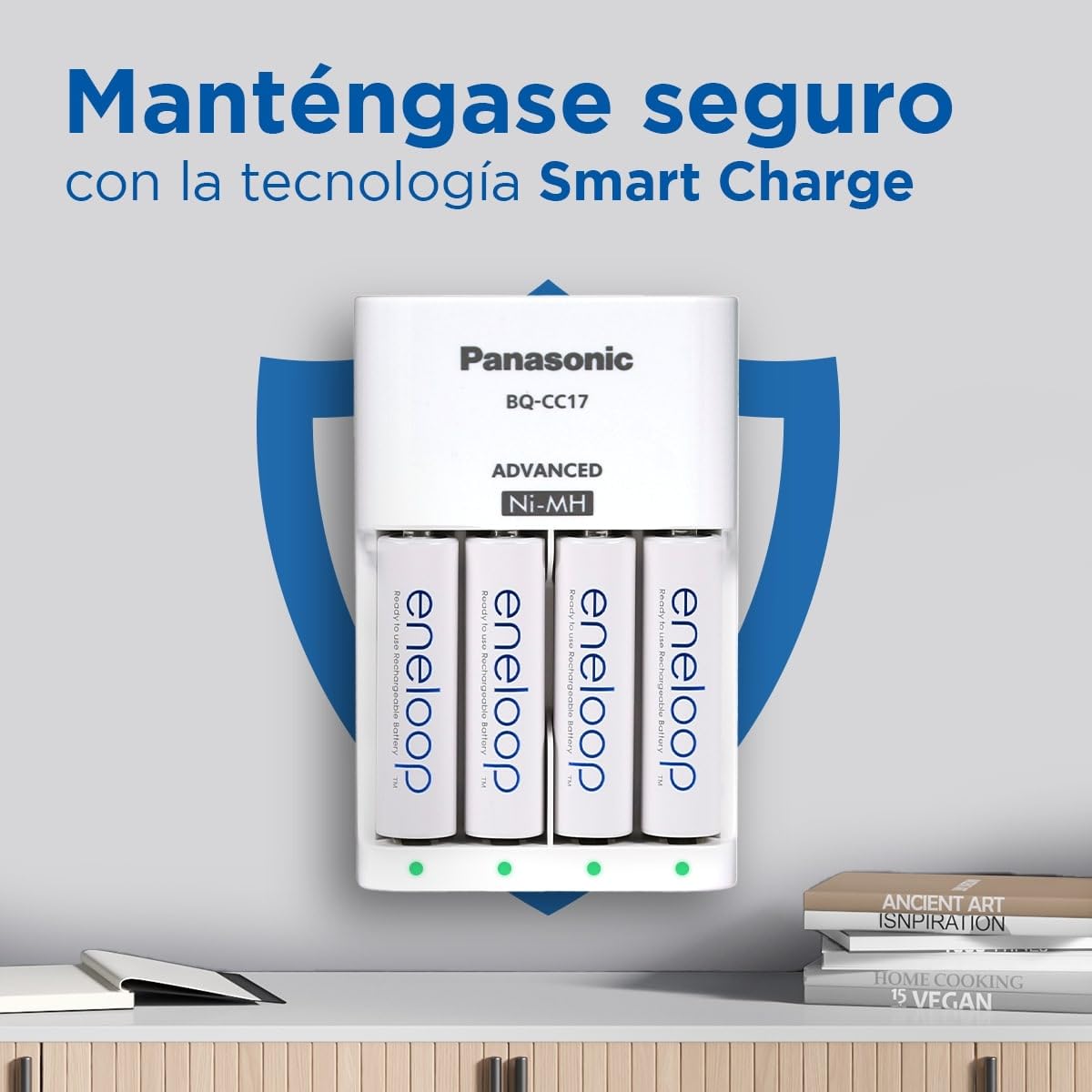 eneloop Smart. Cargador para 1 a 4 pilas AA/AAA Ni-MH con 4 pilas eneloop AA/Mignon de capacidad mejorada y 7 funciones de seguridad.