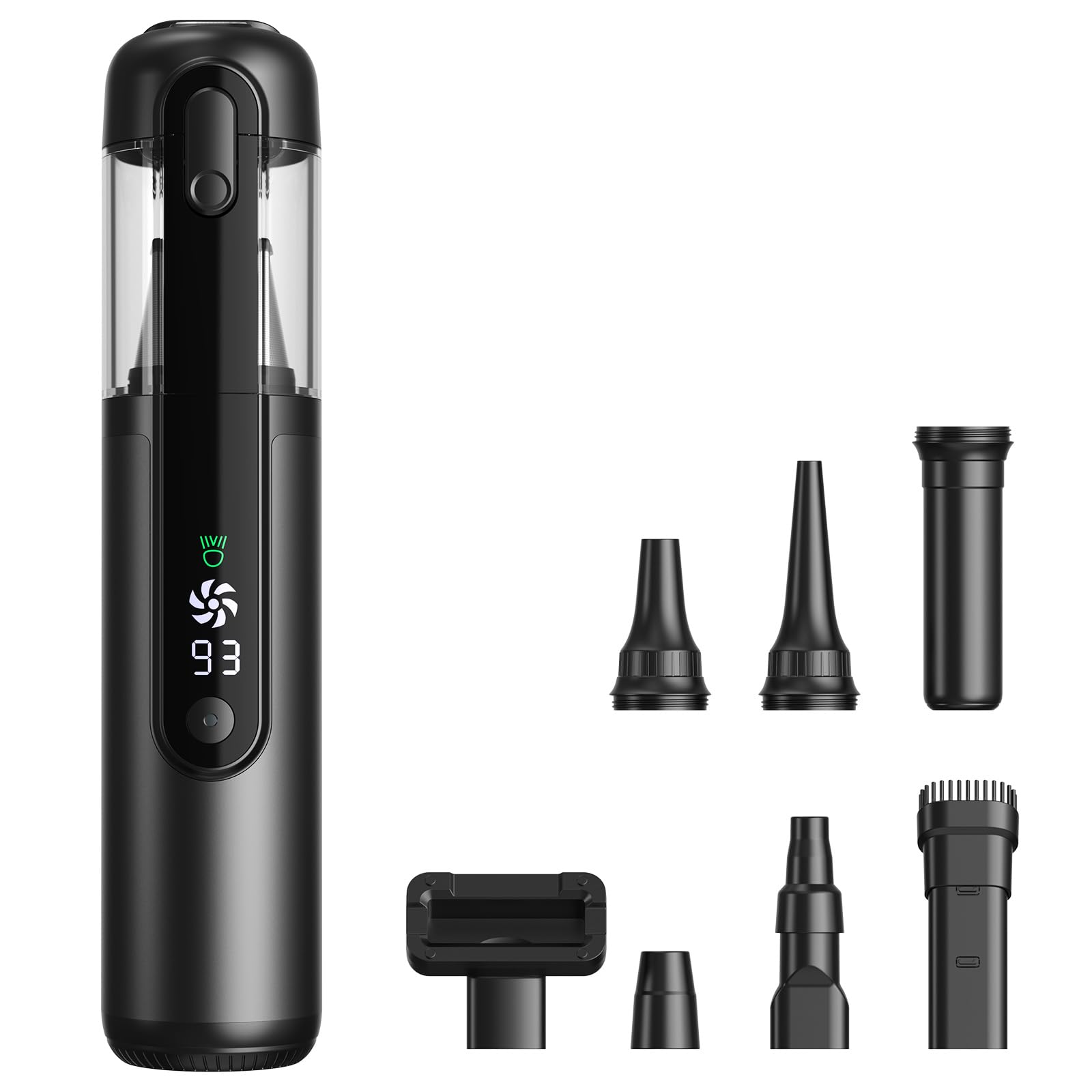 Aspiradora de Mano 4 en 1 (16 500 Pa, Motor sin escobillas 80 W)​​ – Portátil con Pantalla LED, 27 min autonomía, Carcasa de Aluminio ​​Negro​​ para Coche, hogar y Oficina.